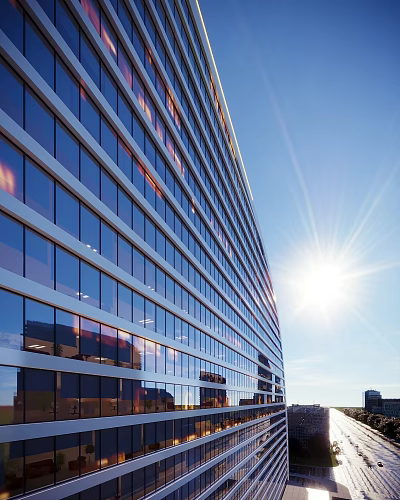 Aerial Planning of Modern Urban Buildings With Glass Curtain Walls Under Bright Sunlight 3d model