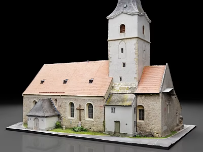 Detailed Church Model Featuring Red Roof Stone Walls Steeple and Cross Windows 3d model