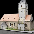 Detailed Church Model Featuring Red Roof Stone Walls Steeple and Cross Windows