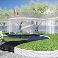 Modern Outdoor Pergola With Green Trees Fountain Lawn And People Under Blue Sky