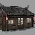Ancient Chinese Building With Traditional Thatched Roof Wooden Structure Red Lanterns And Fence