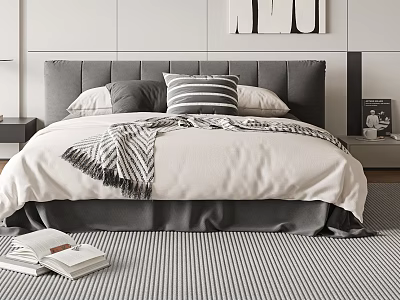 Modern Minimalist Double Bed With Gray Headboard White Bedspread Striped Blanket Pillows And Striped Rug 3d model