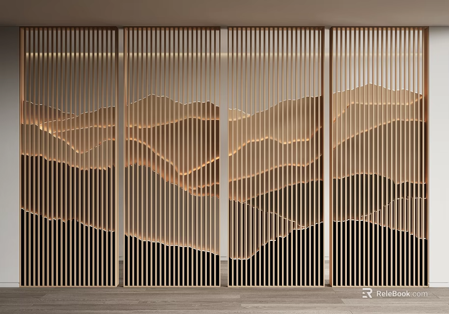 Modern Wooden Room Divider With Vertical Slats And Mountain Pattern Design 3d model 