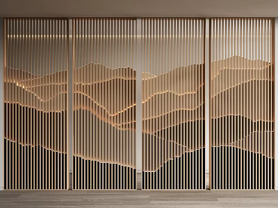 Modern Wooden Room Divider With Vertical Slats And Mountain Pattern Design 3d model