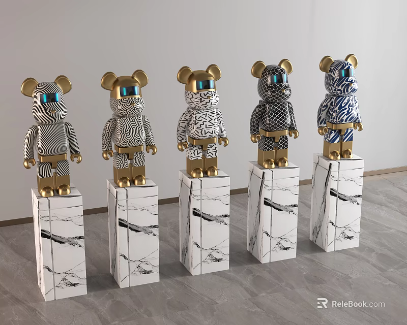 Modern Bear Sculptures With Unique Patterns And Colors On Marble Pedestals 3d model
