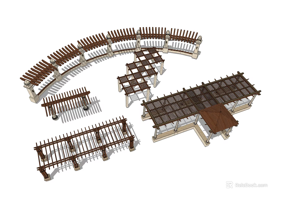 Various Wooden Pergola Designs With Curved And Rectangular Shapes Supporting Columns 3d model