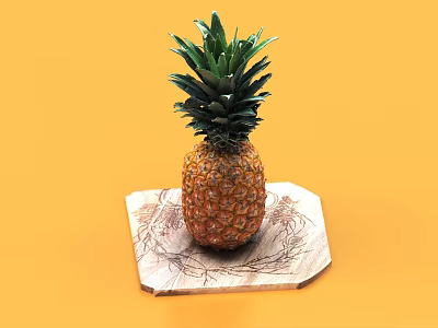 Fresh Pineapple on Hexagonal Wooden Cutting Board with Orange Background 3d model