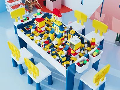 Colorful Building Blocks Play Table With Toy Houses Eiffel Tower Model And Yellow Chairs 3d model