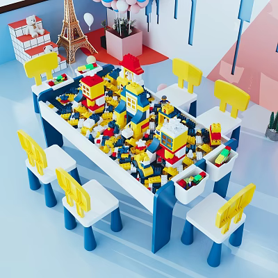 Colorful Building Blocks Play Table With Toy Houses Eiffel Tower Model And Yellow Chairs 3d model