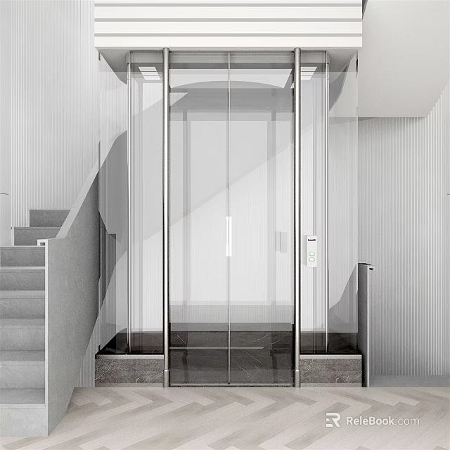 Modern Elevator Hallway Interior With Glass Elevator And Sleek White Walls 3d model 