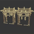 Two Ancient Chinese Archway Structures With Carved Roofs And Decorative Details