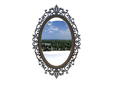 Oval Ornate Decorative Mirror with Intricate Frame Reflecting Sky and Green Landscape 3d model
