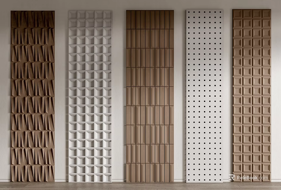 Stylish Wall Panels with Diverse Textures Including Wooden and Perforated Designs for Interior Decoration 3d model 