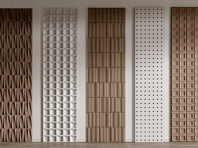 Stylish Wall Panels with Diverse Textures Including Wooden and Perforated Designs for Interior Decoration 3d model