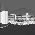 Modern Public Office Space With Blue Glass Partitions Multiple Workstations White Desks And Computers