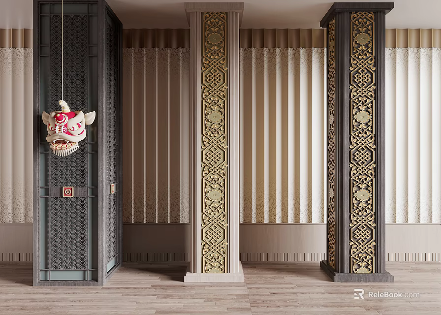 Chinese Style Carved Columns In Black And Gold With Wooden Floor And Curtains 3d model 