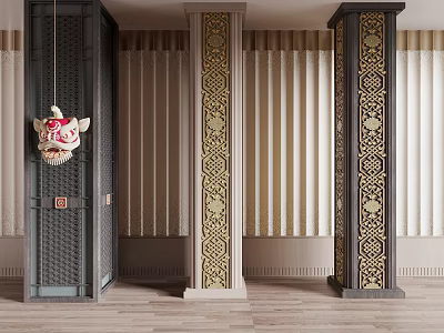 Chinese Style Carved Columns In Black And Gold With Wooden Floor And Curtains 3d model