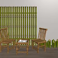 Bamboo Setup with Screen Chairs Coffee Table and Decorative Tubes 3d model