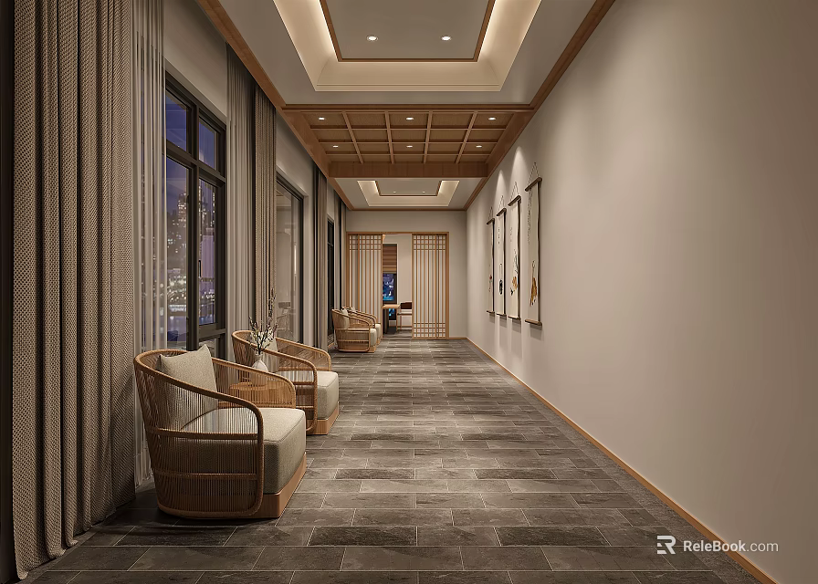 Hotel Corridor Interior With Wooden Ceiling Rattan Chairs Decorative Paintings And Recessed Lighting 3d model 