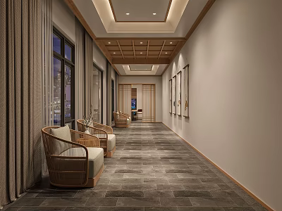 Hotel Corridor Interior With Wooden Ceiling Rattan Chairs Decorative Paintings And Recessed Lighting 3d model