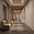 Hotel Corridor Interior With Wooden Ceiling Rattan Chairs Decorative Paintings And Recessed Lighting