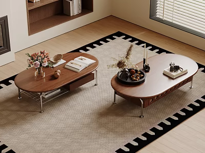 Modern Living Room Coffee Tables With Wooden Tops Metal Legs And Decorative Items On Rug 3d model