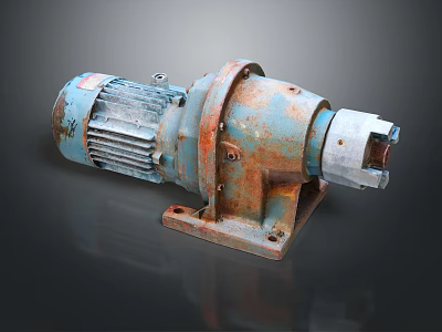 Rusty Blue Industrial Gear Motor With Metal Base And Shaft 3d model