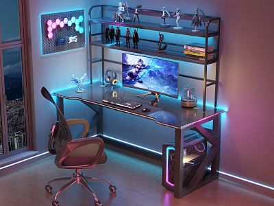 Gaming Style Entertainment Desk With Neon Lights Computer Monitor Keyboard Mouse Action Figures And Books 3d model