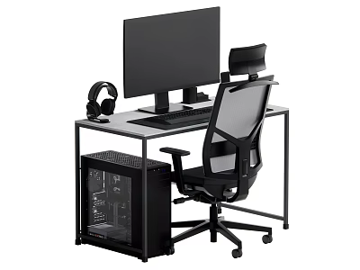 Modern Office Desk Setup with Monitor Headphones Computer Case and Office Chair 3d model