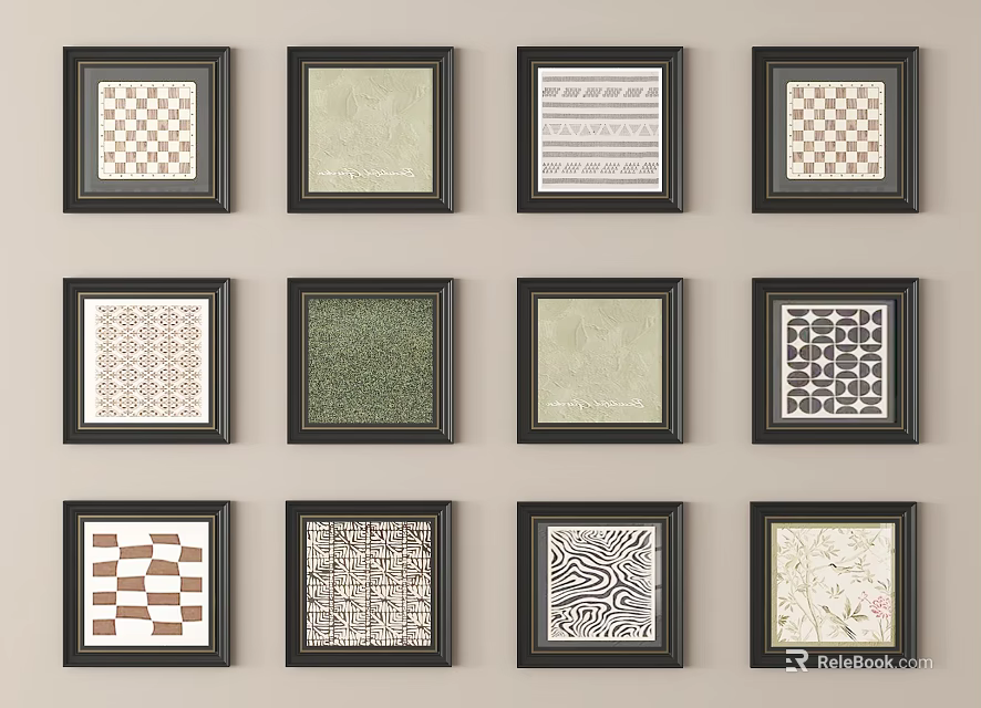 Square Decorative Wall Art with Various Patterns in Black Frames Arranged Neatly on Wall 3d model