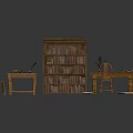 Library Interior Featuring Large Bookshelf Filled With Books Two Desks Feather Pen And Wooden Chair