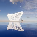 Stunning White Curved Structure With Person Sitting By Calm Water And Blue Sky Reflection
