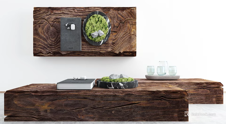 Wooden Coffee Table With Natural Texture Featuring Green Plant Books And Glassware 3d model 