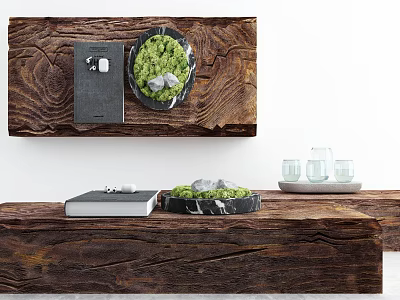 Wooden Coffee Table With Natural Texture Featuring Green Plant Books And Glassware 3d model