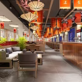 Traditional Hot Pot Restaurant Interior With Red Lanterns Cherry Blossom Decorations And Bar Counter