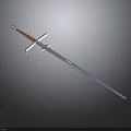 3D Rendered Medieval Sword With Blue Blade Red Handle And Cross Guard On Gray Background