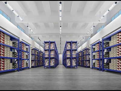 Modern Warehouse Interior With Storage Racks And Goods 3d model