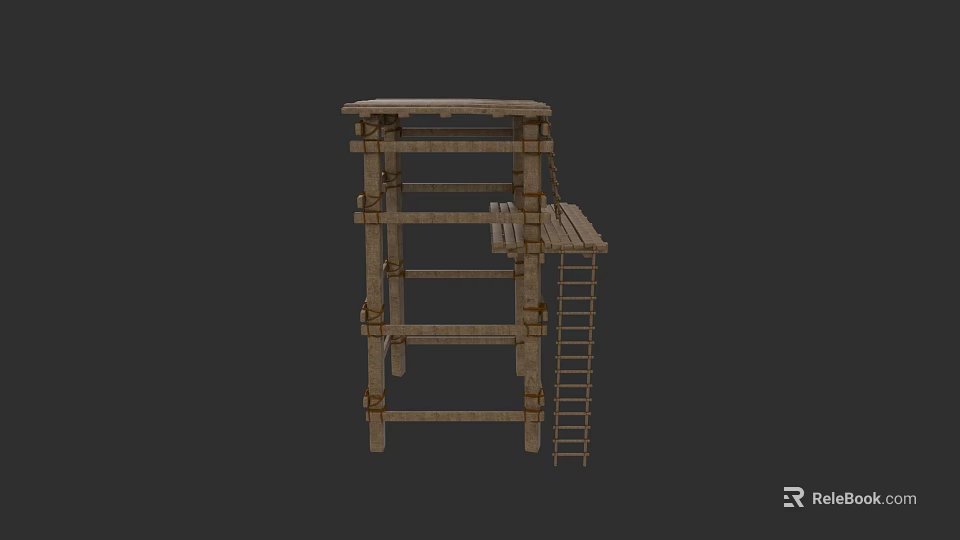 Wooden Multi Level Stairs Structure With Platform Ladder And Support Beams 3d model 