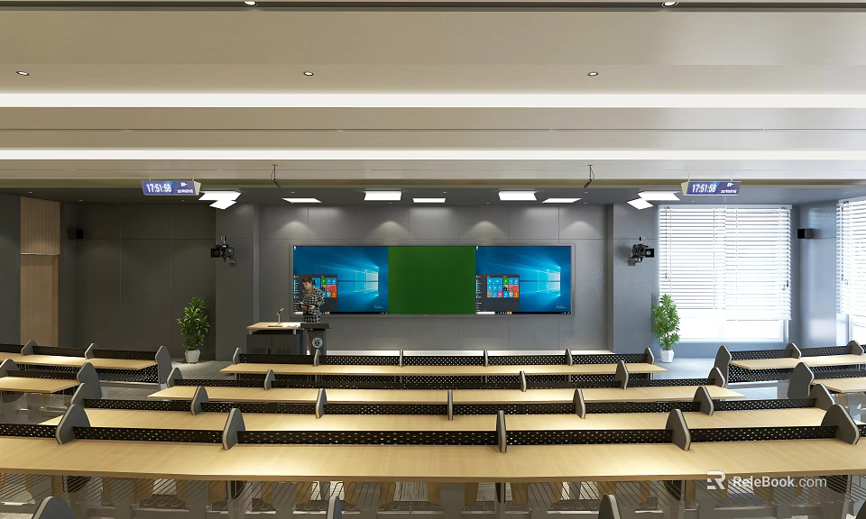 School Modern Classroom With Large Screens Teaching Podium Desks And Green Plants 3d model 