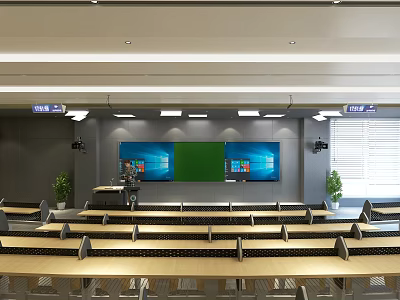 School Modern Classroom With Large Screens Teaching Podium Desks And Green Plants 3d model