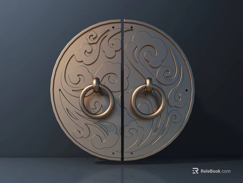 Traditional Brass Ring Shaped Decorative Door Handle With Intricate Carved Patterns 3d model 