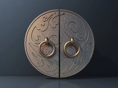 Traditional Brass Ring Shaped Decorative Door Handle With Intricate Carved Patterns 3d model