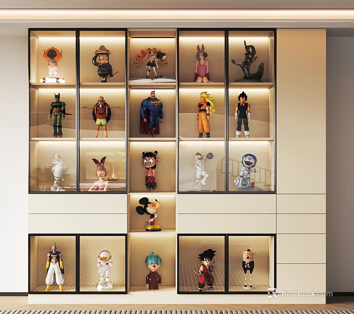 Modern Display Cabinet With Glass Doors Illuminated Compartments And Collectible Figurines 3d model 
