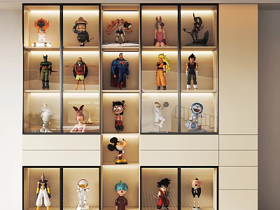 Modern Display Cabinet With Glass Doors Illuminated Compartments And Collectible Figurines 3d model