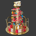2020 Golden Decorative Tower With Gift Boxes Bells String Lights And Celebration Elements 3d model