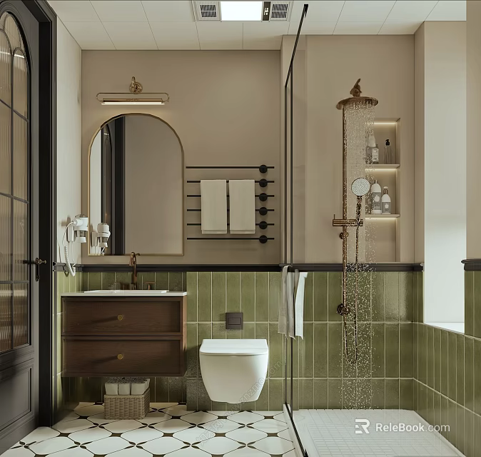Elegant Modern Bathroom Interior Design With Green Tiles Wooden Vanity Toilet And Shower 3d model 