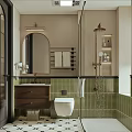 Elegant Modern Bathroom Interior Design With Green Tiles Wooden Vanity Toilet And Shower