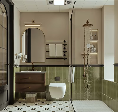 Elegant Modern Bathroom Interior Design With Green Tiles Wooden Vanity Toilet And Shower 3d model