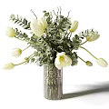 Decorative Glass Vase With White Pink Tulips And Fresh Eucalyptus Leaves