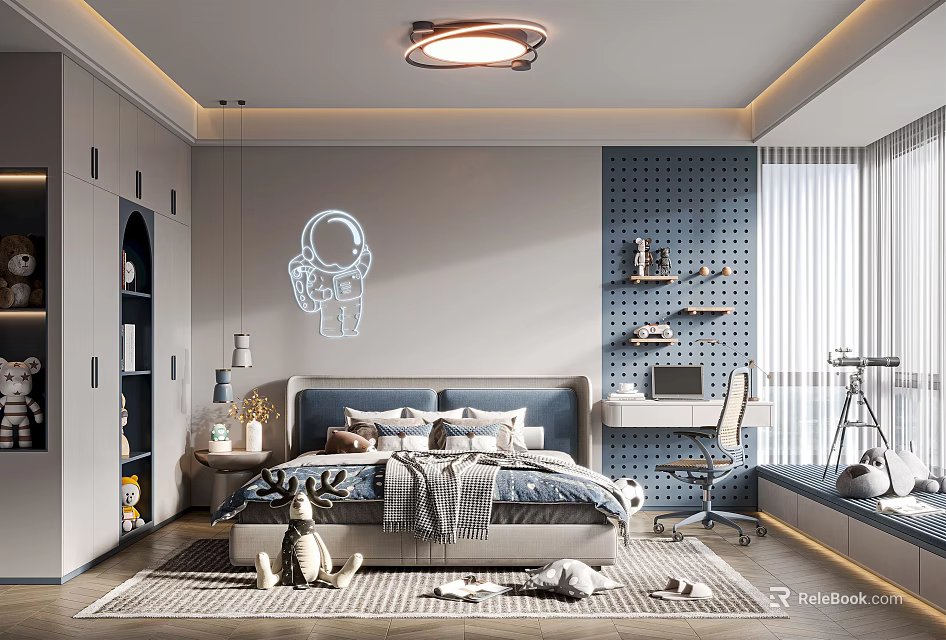 Cozy Modern Kids Room Interior With Astronaut Decor Bed Desk And Soft Rug 3d model 